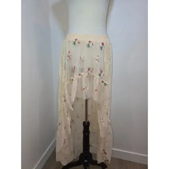 Sheer Skirt Small Cream Lace Embroidery Floral Whimsical Fairy Festival Keilah - Picture 1 of 10